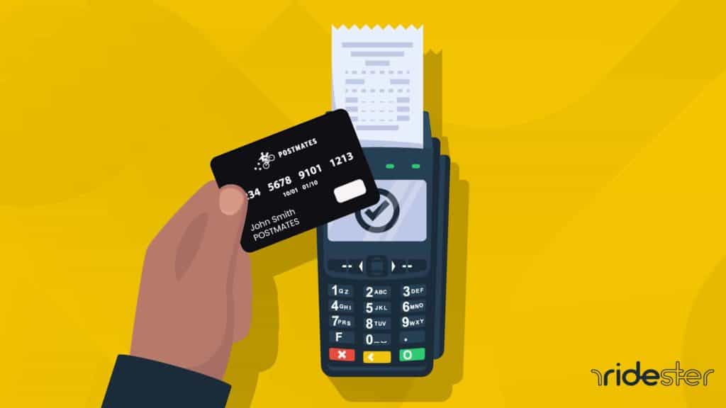 vector graphic showing a hand holding a postmates prepaid card against a card reader machine