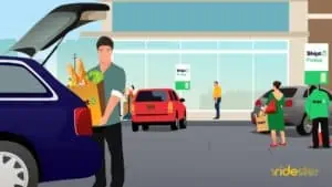 vector graphic showing a customer putting groceries into a car trunk in a parking lot after using the grocery store's shipt pickup option