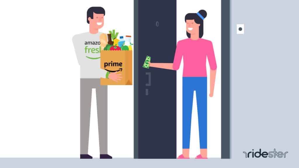 vector graphic showing an amazon fresh customer in the process of tip amazon fresh