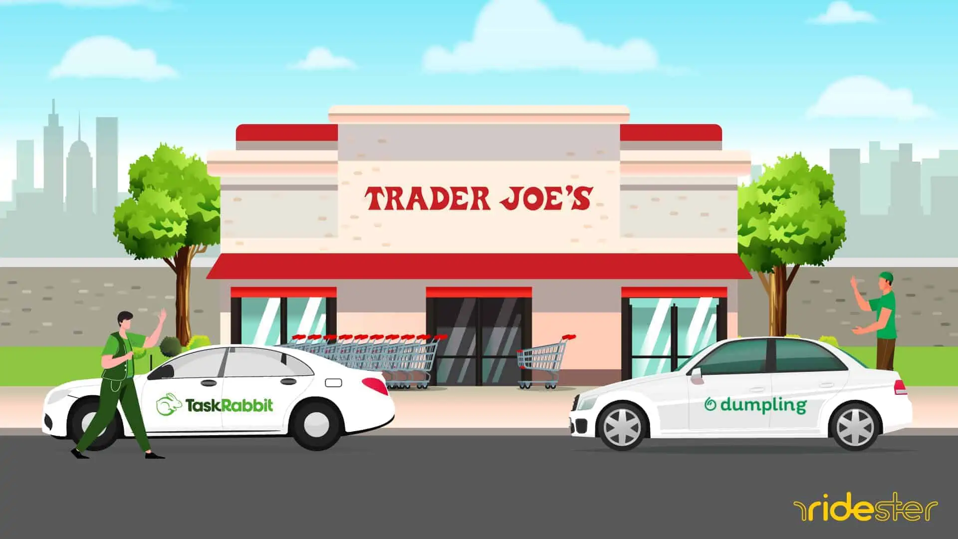 vector graphic showing trader joes delivery people outside the store picking up orders