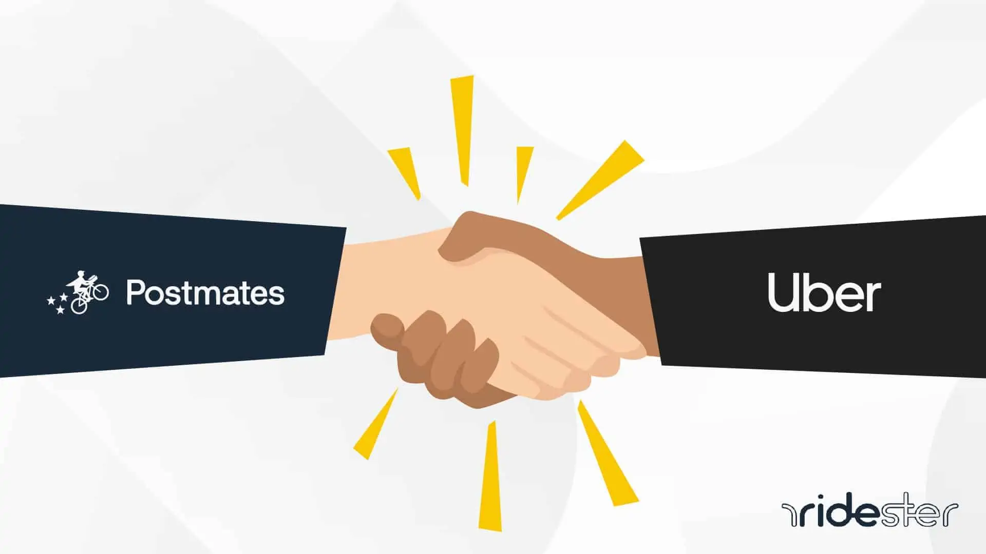 header image for uber buys postmates blog post showing an uber logo and postmates logo on wrists of two hands shaking