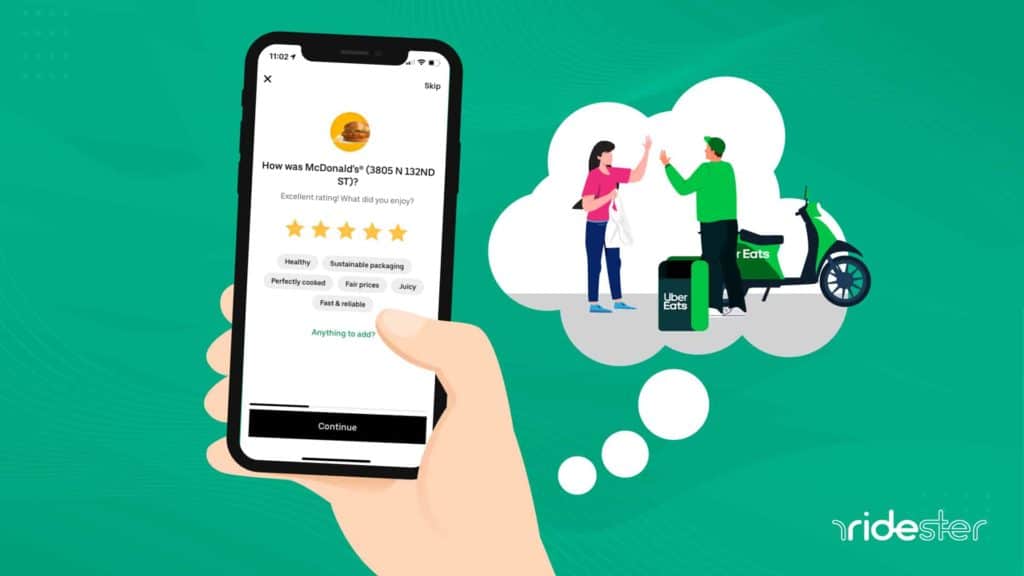 vector graphic showing a hand holding a smartphone with the uber eats customer rating screen on the smartphone screen