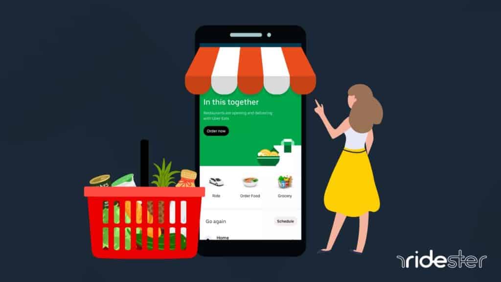 vector graphic showing an Uber Eats grocery delivery customer looking at a smartphone with a shopping cart next to the phone