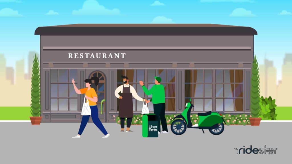 vector graphic showing customers walking up to a restaurant and walking away with an Uber Eats pickup order