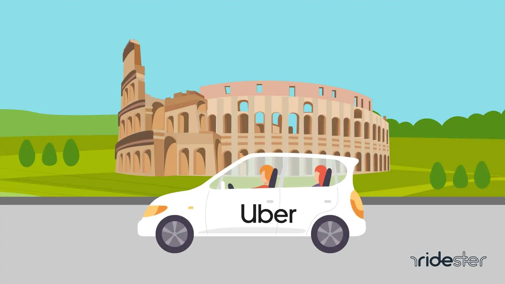 vector graphic showing Uber in Italy - a branded vehicle with the uber logo on it in front of the colosseum