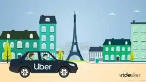 vector graphic showing an illustration of uber in paris - a branded uber vehicle driving down a street in front of the eiffel tower