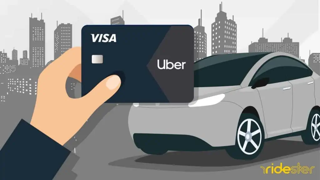 vector graphic showing a hand holding an uber plus card in front of a tesla rideshare vehicle