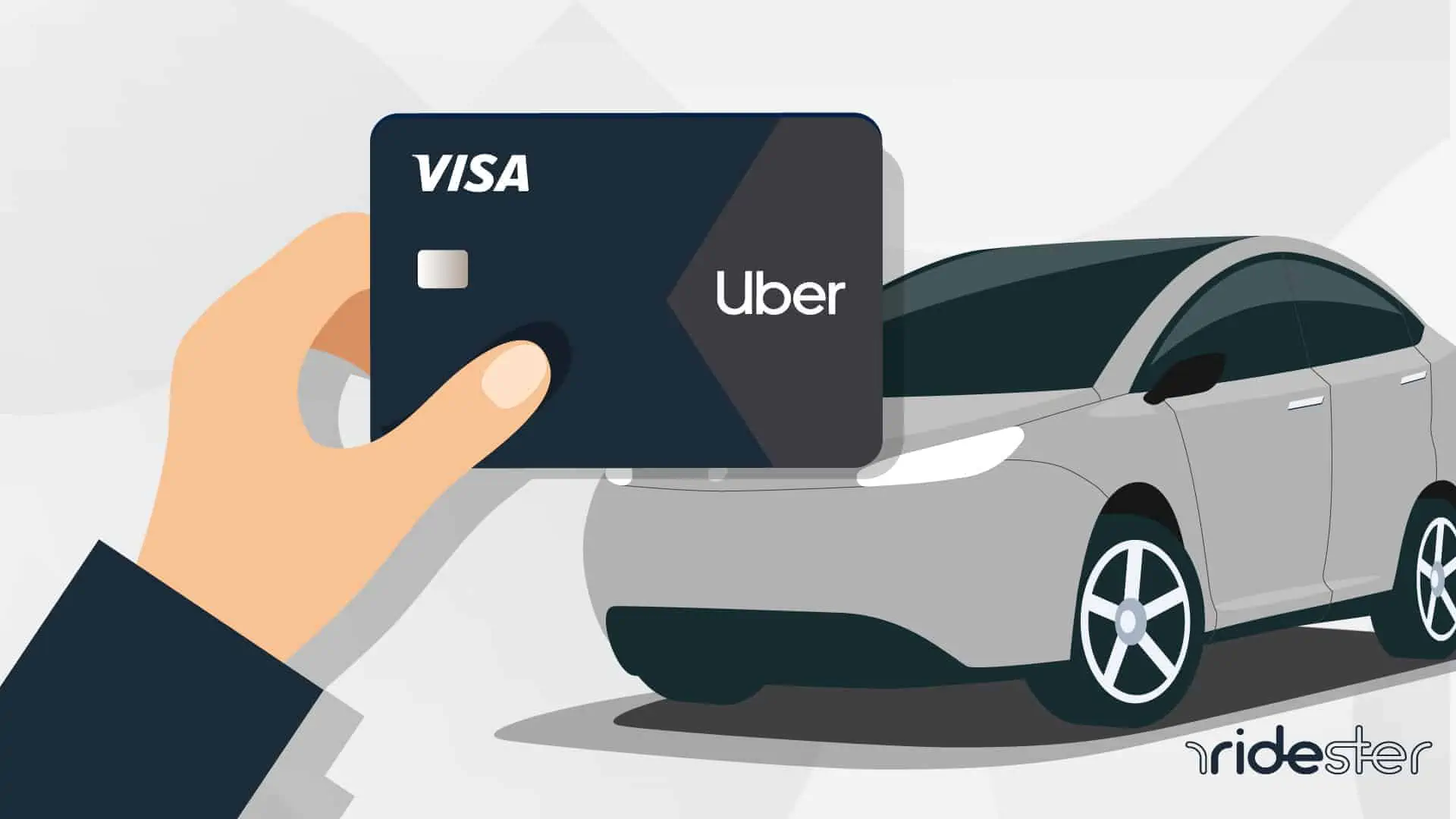 vector graphic showing a hand holding an uber plus card in front of a tesla rideshare vehicle