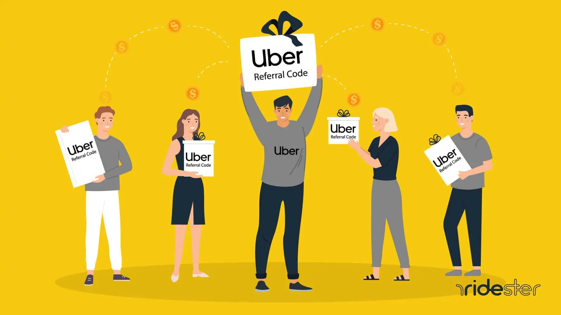 vector graphic showing people standing in a circle and holding uber referrals in their arms in the form of gift boxes