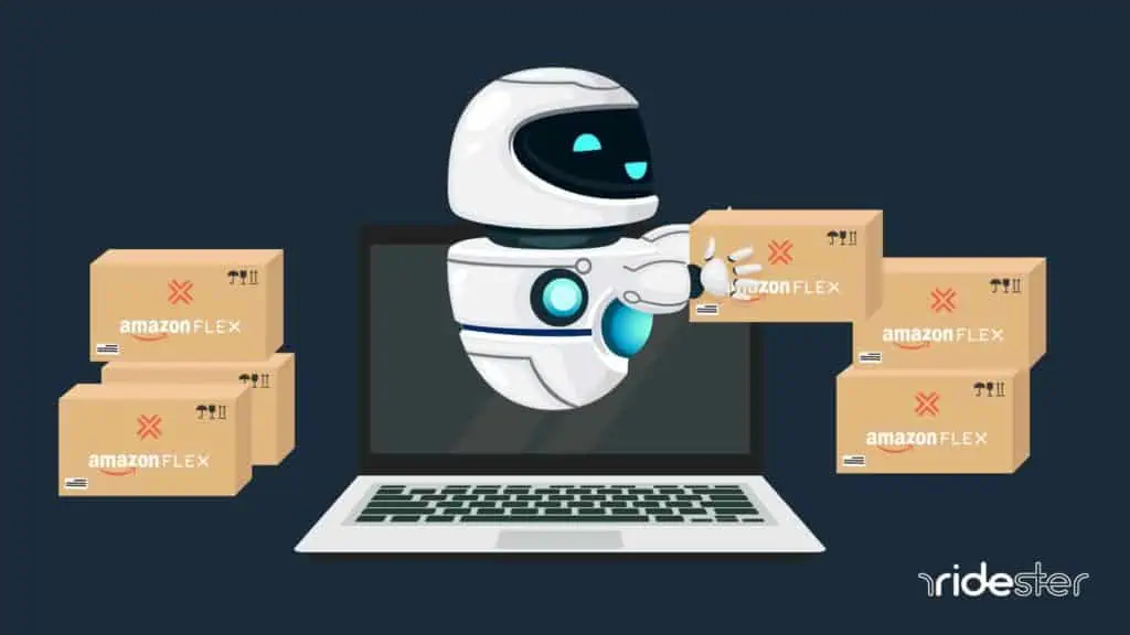 vector graphic showing an amazon flex bot lifting amazon flex packages from a computer screen