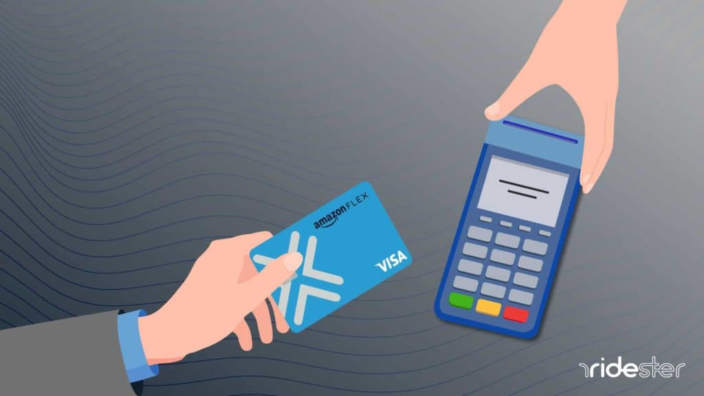 vector graphic showing an amazon flex debit card in somebody's hand and putting that card into a card reader to pay for someting