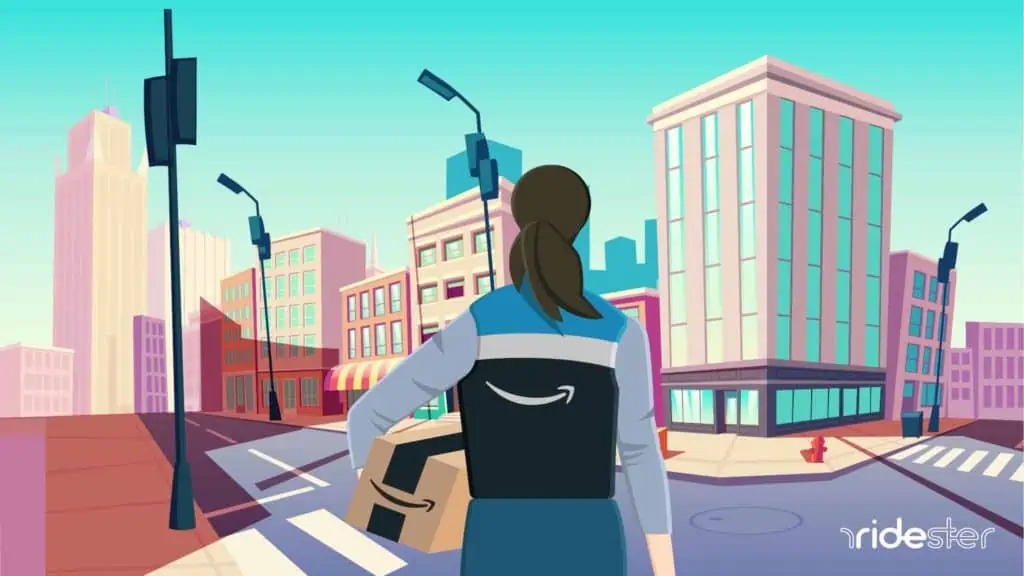 vector graphic showing an amazon flex driver wearing an amazon flex vest and holding a package in a city