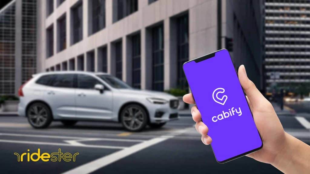 vector graphic showing a hand holding a smartphone with the cabify app on it in a city to show a person calling a ride