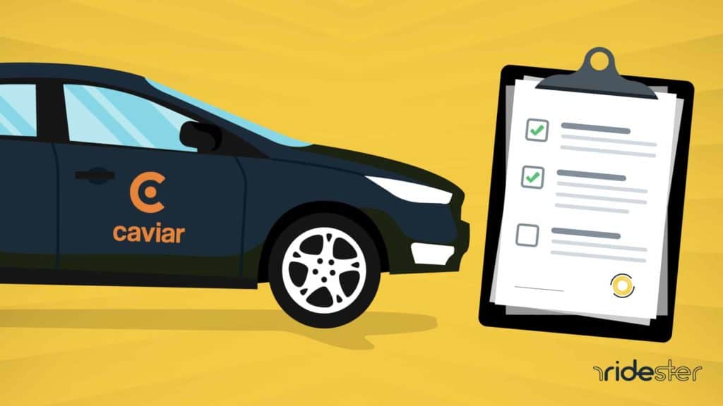 vector graphic showing caviar driver requirements on a clipboard piece of paper and a car getting evaluated for those in the background