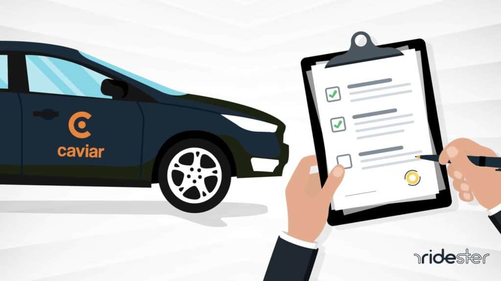 vector graphic showing caviar driver requirements on a clipboard piece of paper and a car getting evaluated for those in the background