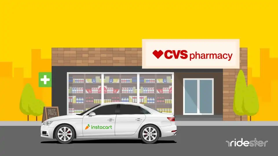vector graphic showing the cvs instacart partnership by having an instacart driver outside of a cvs store