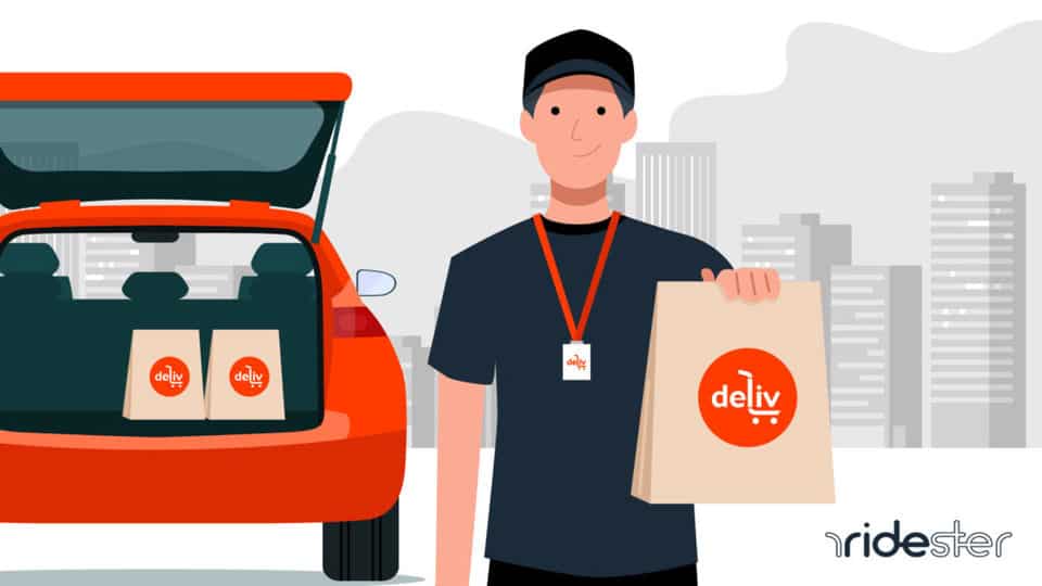 vector graphic showing a deliv driver holding a food bag and standing outside of his vehicle