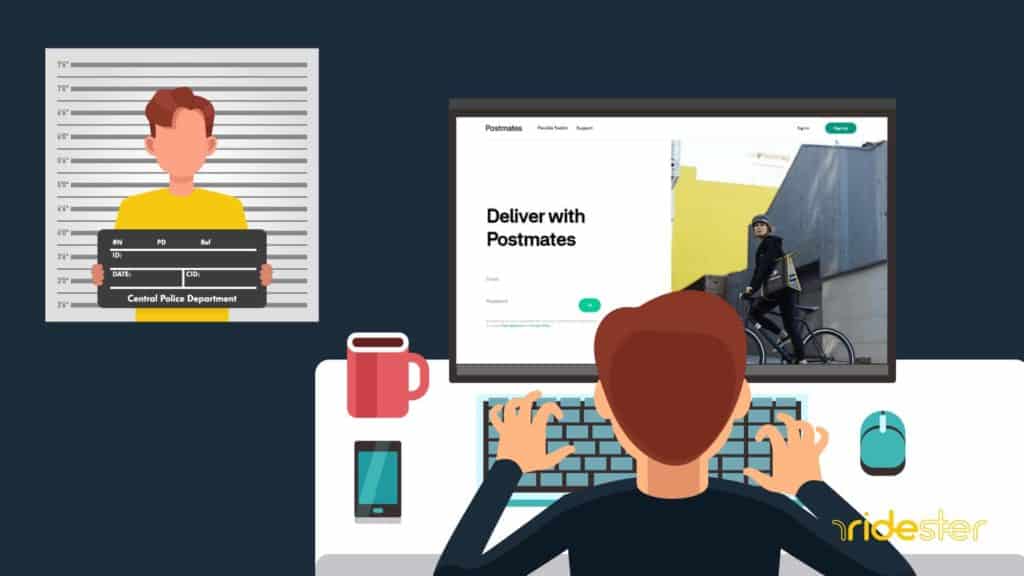 vector graphic showing a person sitting at a computer applying for postmates and wondering does postmates hire felons