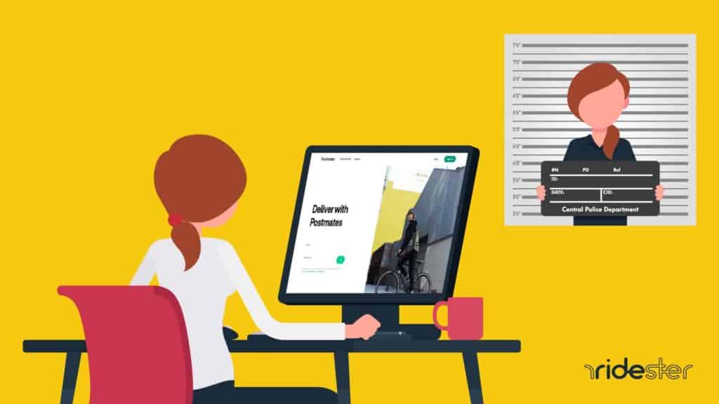 vector graphic showing a person sitting at a computer applying for postmates and wondering does postmates hire felons