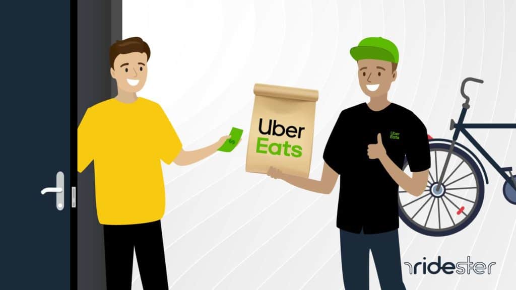 vector graphic showing an Uber Eats deliver driver dropping food off to a customer for blog post does Uber Eats take cash