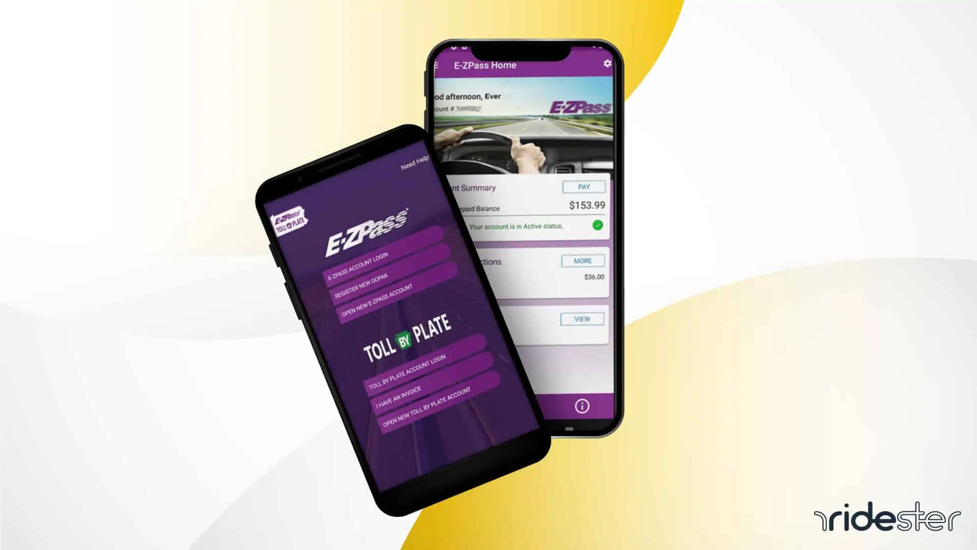 vector graphic showing an e-z pass in one hand and a smartphone in the other that has an e-z pass balance on the screen