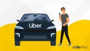vector graphic showing a person getting into an Uber vehicle to illustrate how to get a car with Uber