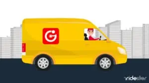 vector graphic showing a getmet driver vehicle driving down a city street