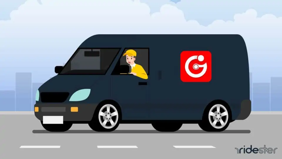 vector graphic showing a getmet driver vehicle driving down a city street