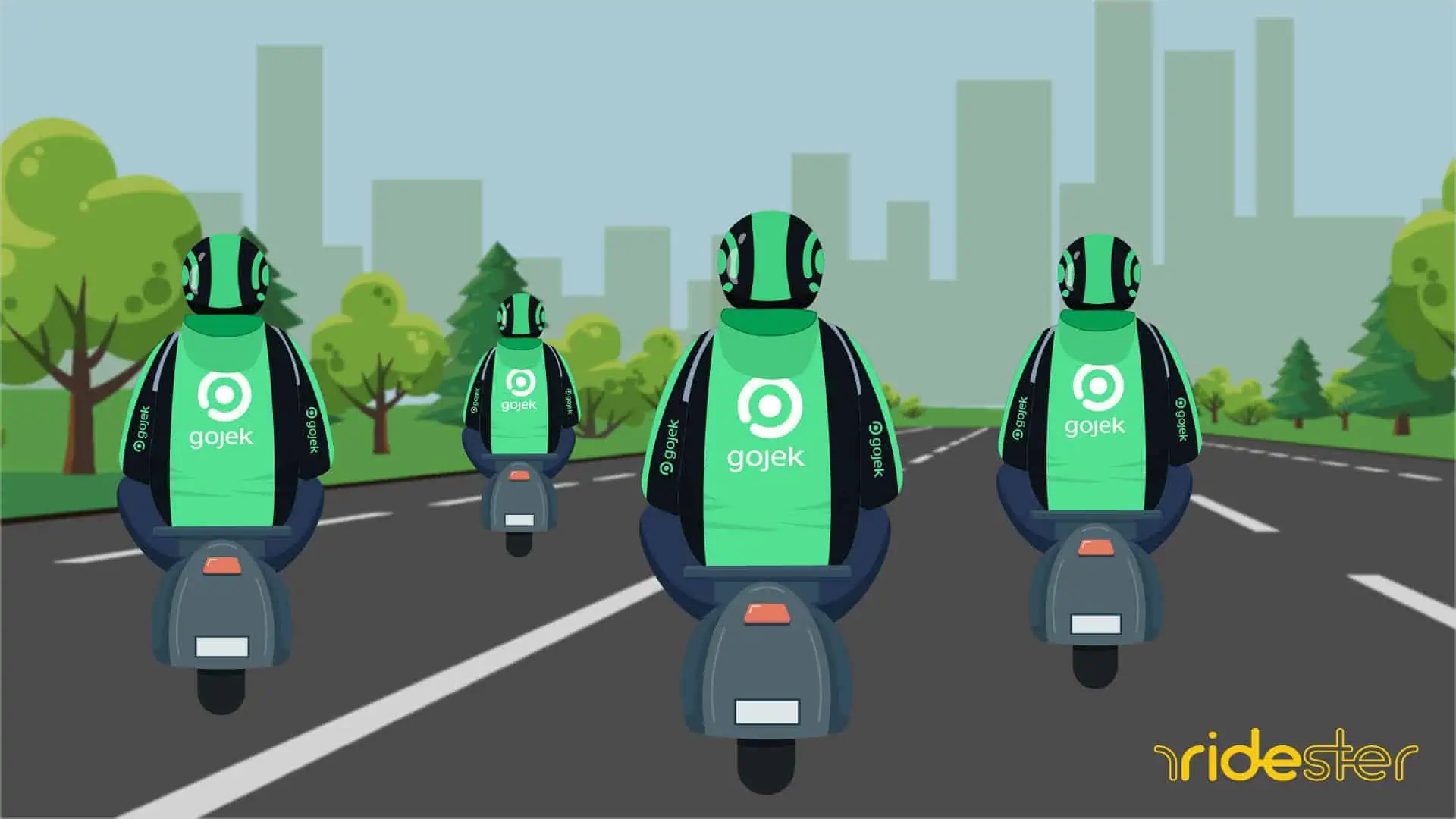 vector graphic showing GoJek riders on mopeds riding around a city in a group