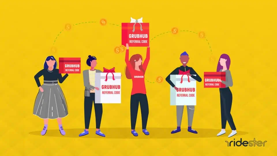 vector graphic showing people holding boxes that illustrate the grubhub referral program