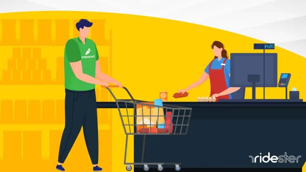 vector graphic showing an instacart shopper checking out groceries for the post how do instacart shoppers pay for groceries