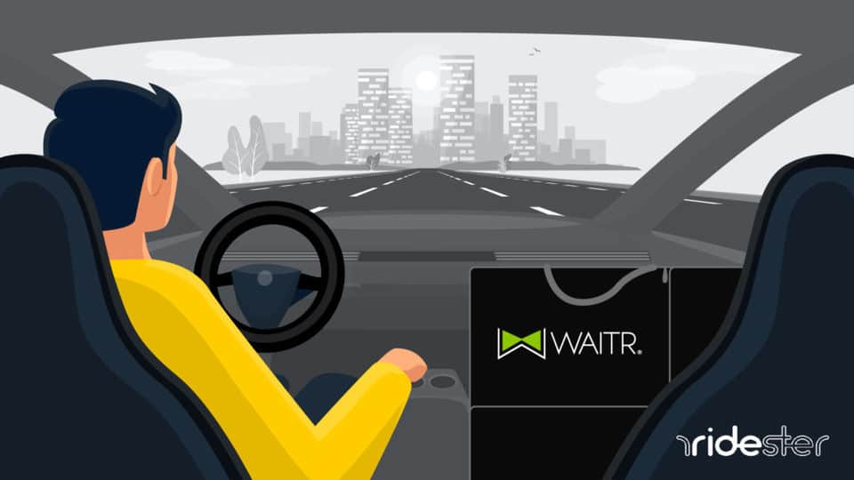 vector graphic showing a Waitr delivery driver in a vehicle next to a delivery bag for the how much does waitr pay header image