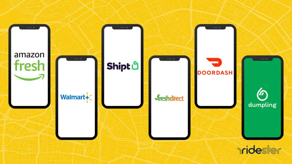 vector graphic showing a handful of logos from instacart competitors on the screens of mobile phones