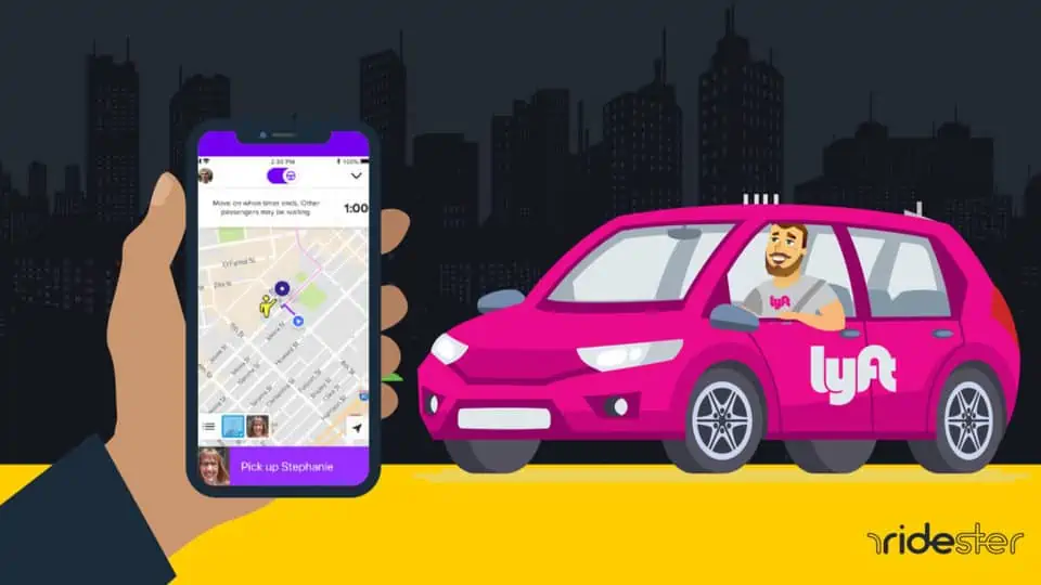 vector graphic showing a lyft driver app on a smartphone screen next to a lyft vehicle