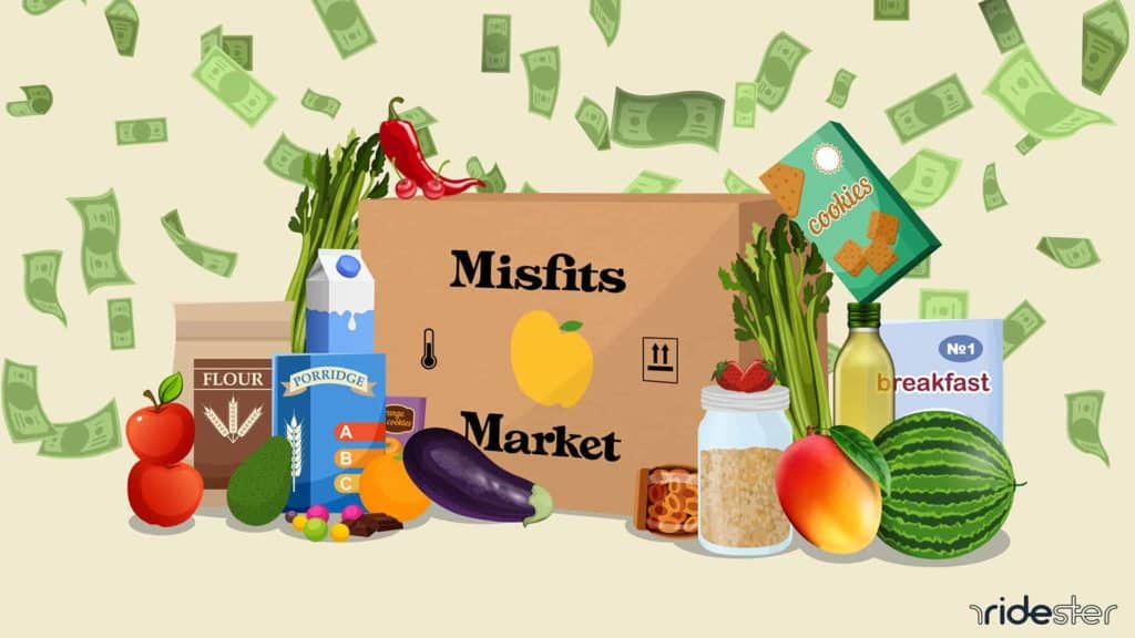 vector graphic showing a Misfits Market logo on a box surrounded by grocery items with money falling down around it to illustrate Misfits Market cost
