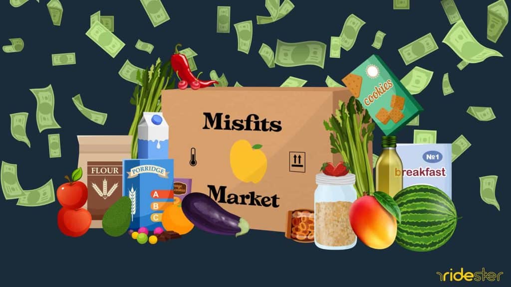 vector graphic showing a Misfits Market logo on a box surrounded by grocery items with money falling down around it to illustrate Misfits Market cost
