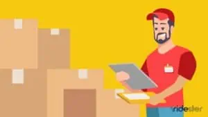 vector graphic showing a person working for package delivery services and looking at a clipboard in front of stacks of packages