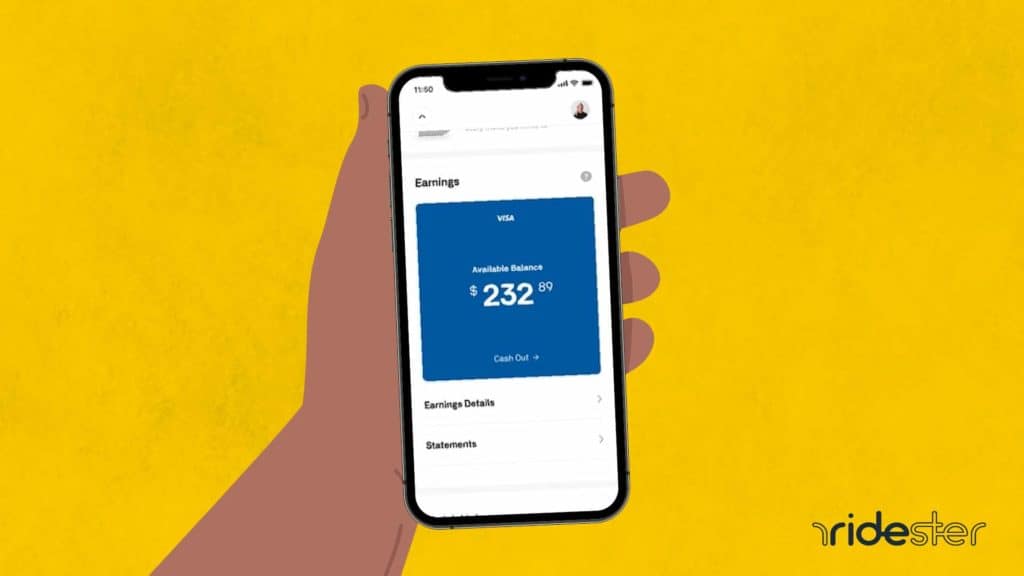 vector graphic showing a hand holding a smartphone and the postmates cash out screenshot on the smartphone screen