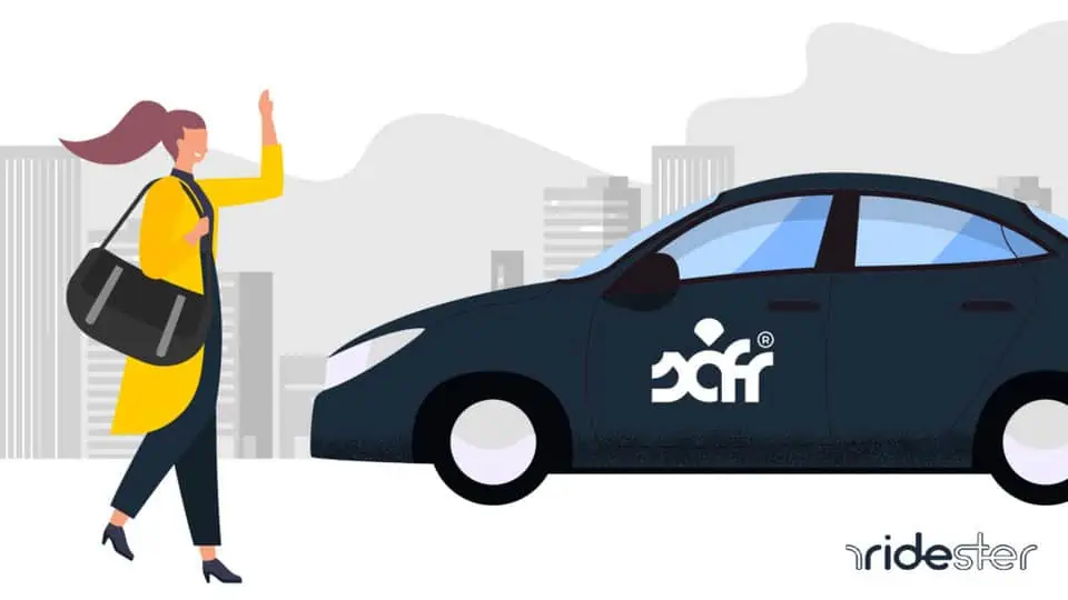 vector graphic showing a Safr rideshare vehicle with a woman getting into it