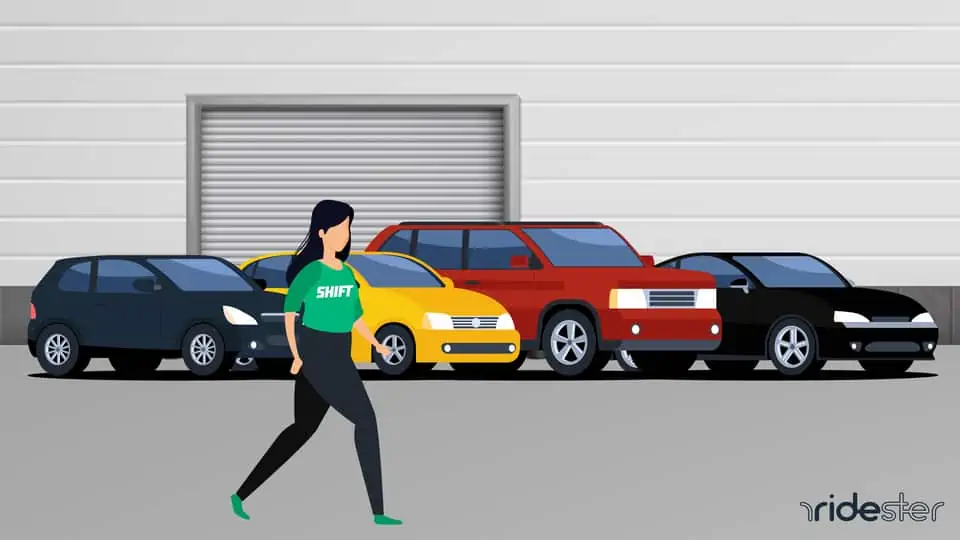 vector graphic showing a person walking by a shift used cars dealership