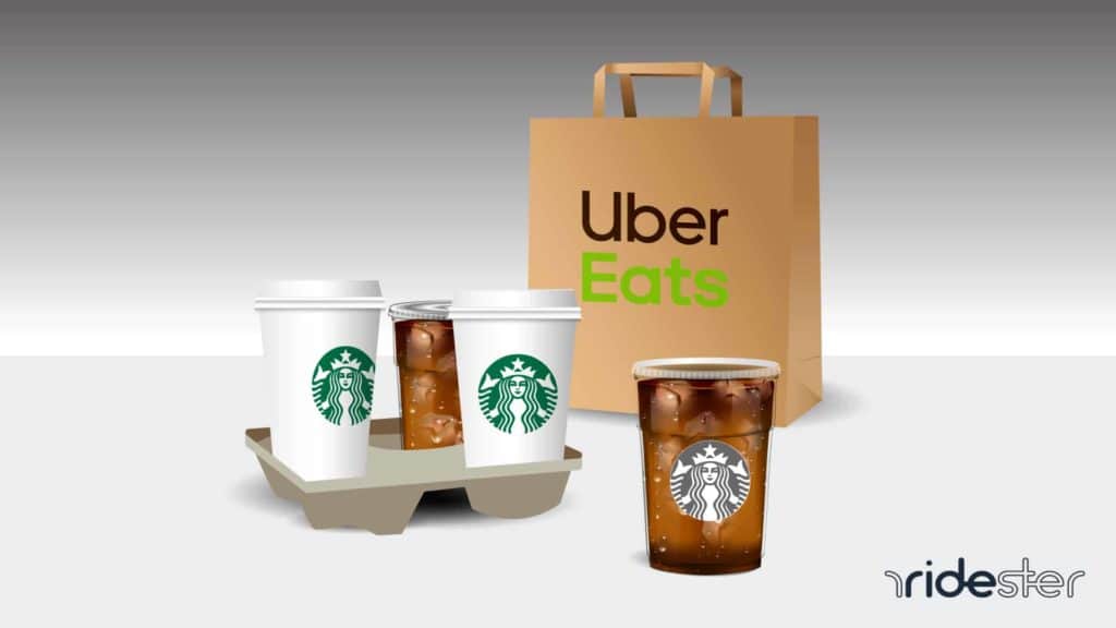 vector graphic showing the Starbucks Uber Eats partnership with starbucks glasses next to an uber eats food delivery bag