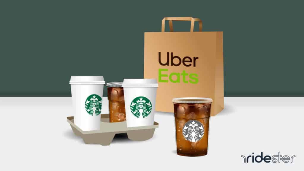 vector graphic showing the Starbucks Uber Eats partnership with starbucks glasses next to an uber eats food delivery bag