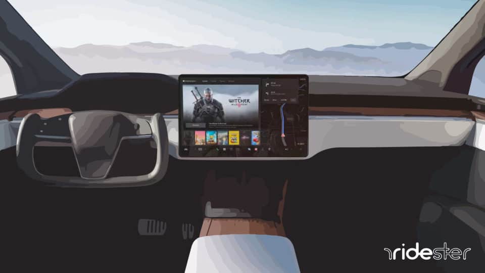 vector graphic showing a Tesla vehicle from the interior with the Tesla Waze software on the screen