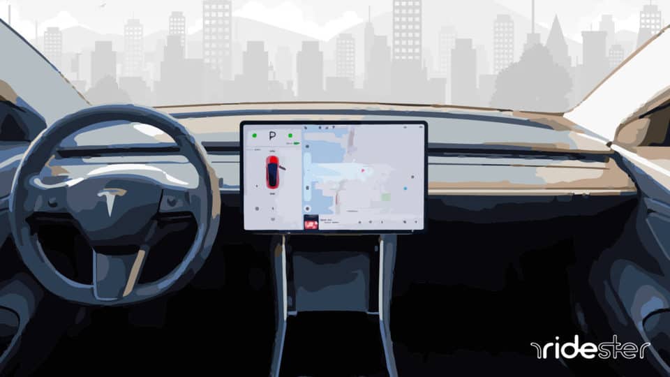 vector graphic showing a Tesla vehicle from the interior with the Tesla Waze software on the screen