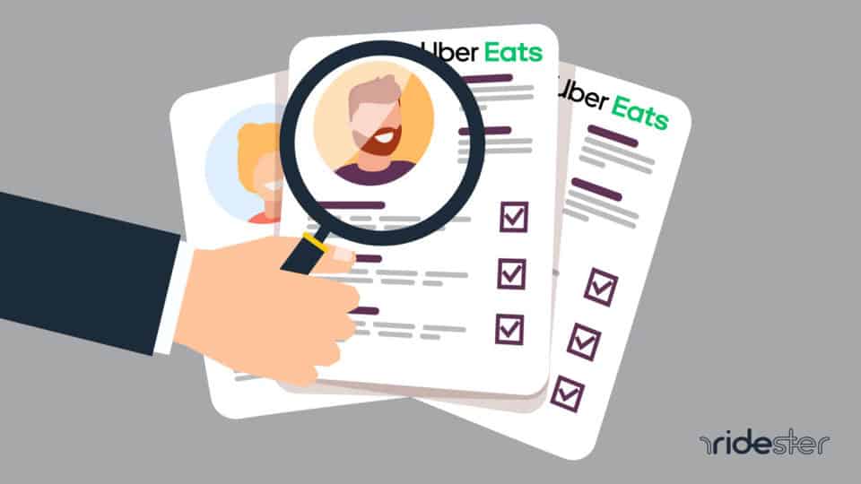 vector graphic that shows various elements of an Uber Eats background check - an Uber Eats employee looking through a magnifying glass at driver applications