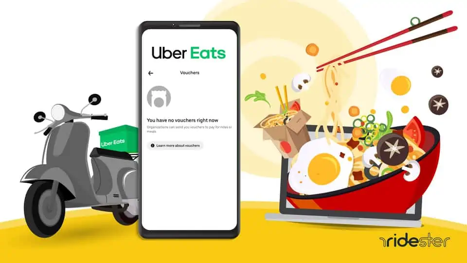vector graphic showing a smartphone with uber eats credits on the screen surrounded by a scooter and a food delivery