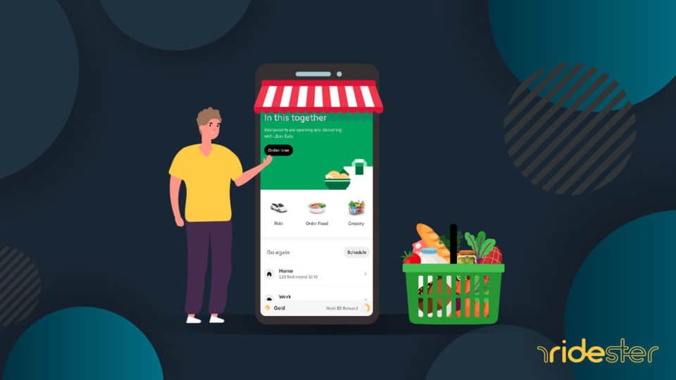 vector graphic showing an uber grocery delivery screen with people looking at and trying to place an order
