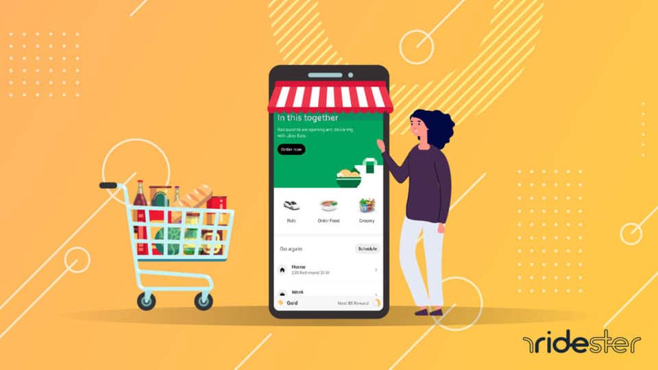 vector graphic showing an uber grocery delivery screen with people looking at and trying to place an order