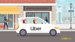vector graphic showing the Uber mask policy in effect with a driver and two riders wearing masks during an Uber rideshare ride
