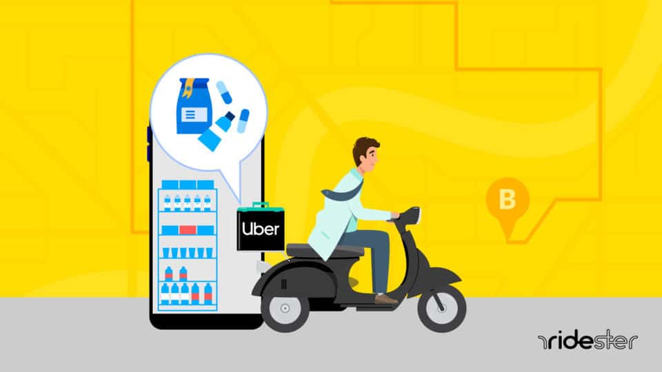 vector graphic showing an Uber Pharmacy delivery driver leaving a pharmacy and en route to a customer